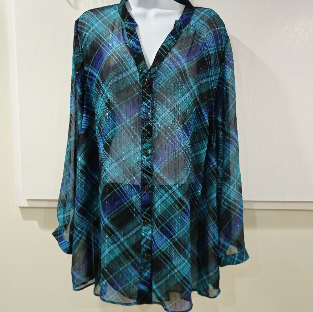 Catherines Womens Top 1X Sheer Blue Plaid Metallic Fairy Academia Preppy Flowy